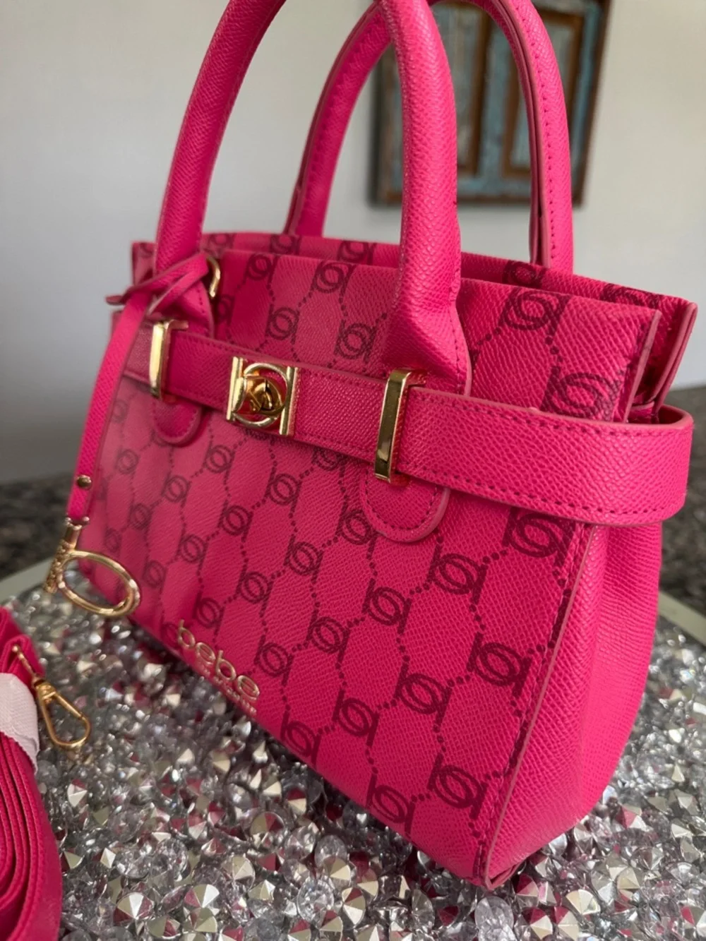 bebe Hot Pink Logo small Satchel with Gold-Tone Hardware and crossbody strap - Picture 4 of 16